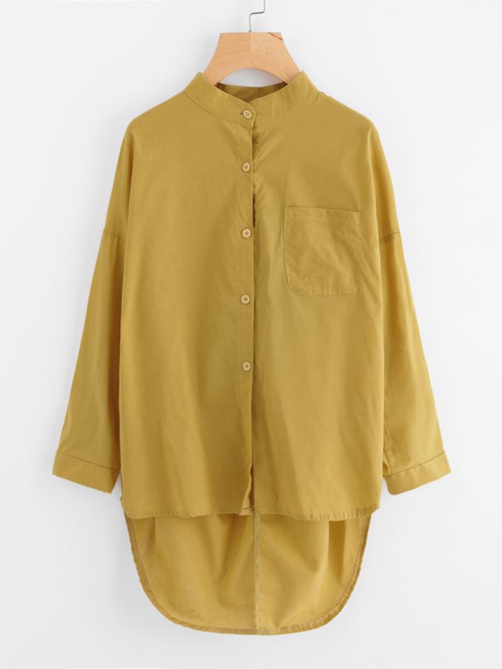 Romwe Dip Hem Blouse With Chest Pocket