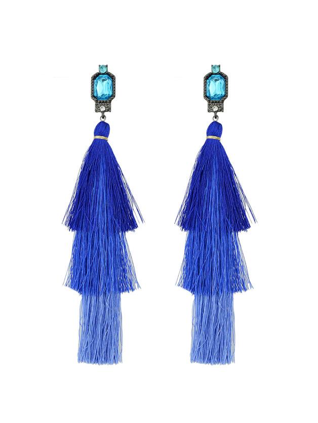 Romwe Blue Ethnic Style Long Tassel Big Boho Earrings