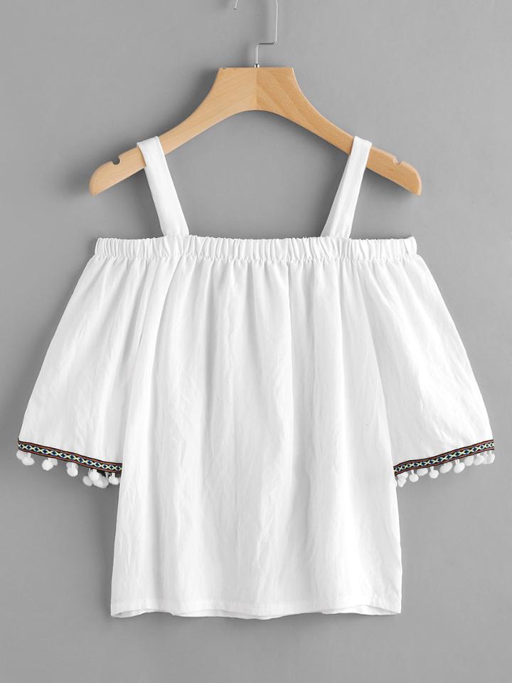 Romwe Open Shoulder Shirred Embroidered Pom Pom Cuffs Blouse