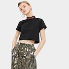 Romwe Letter Print Crop Stand Collar Tee