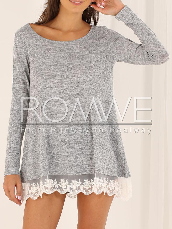Romwe Grey Long Sleeve With Lace T-shirt