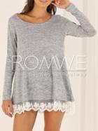 Romwe Grey Long Sleeve With Lace T-shirt