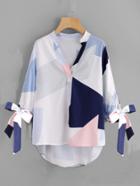 Romwe Abstract Geo Print Tie Cuff Dip Hem Blouse