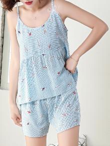 Romwe Dog Print Striped Cami Top & Shorts Pj Set