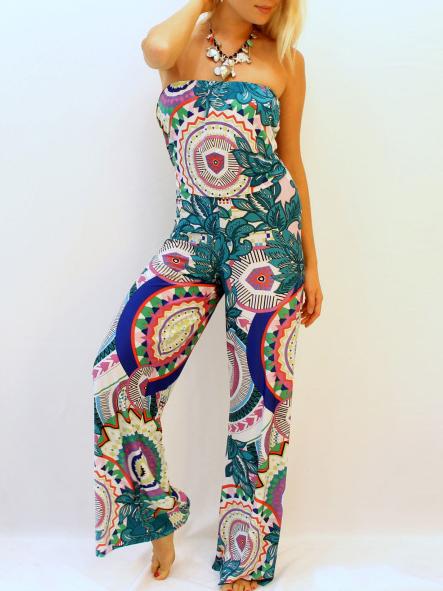 Romwe Straight Across Neck Leaves Print Jumpsuit
