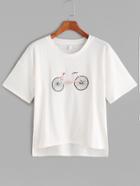 Romwe White Drop Shoulder Dip Hem Bicycle Embroidery T-shirt