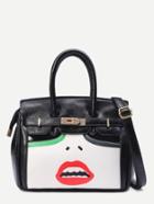 Romwe Black Lip Print Turnlock Strap Front Satchel Bag