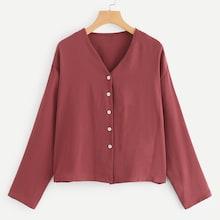 Romwe Single Breasted V Neck Solid Blouse