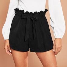 Romwe Tie Front Ruffle Waist Paperbag Shorts