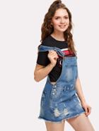 Romwe Pocket Front Ripped Overall Denim Dress