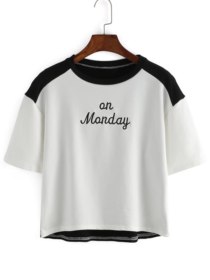 Romwe Contrast Letters Embroidered Black T-shirt