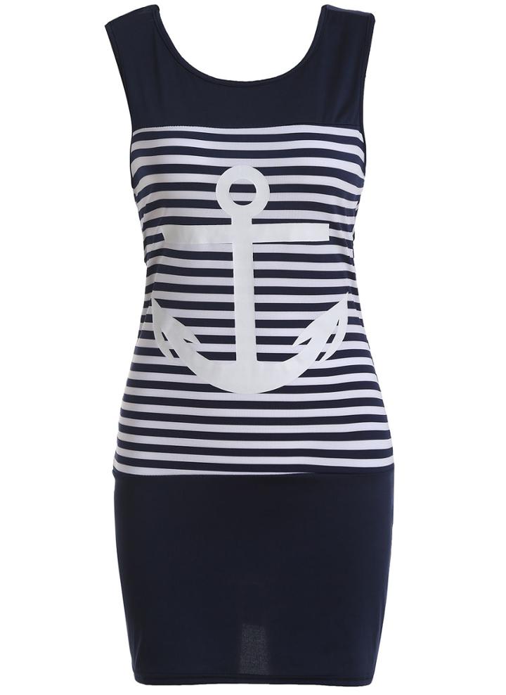 Romwe Anchor Print Striped Sun Dress
