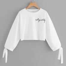 Romwe Knot Sleeve Embroidered Crop Sweatshirt