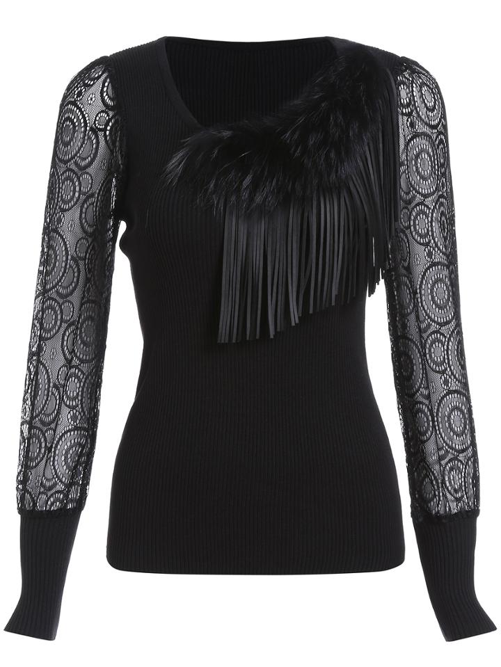 Romwe Tassel Fur Embellished Slim Blouse