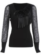 Romwe Tassel Fur Embellished Slim Blouse