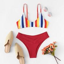 Romwe Spaghetti Strap Striped Top With High Leg Bikini