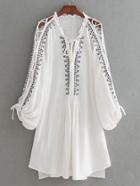 Romwe Lace Up Split Sleeve Embroidery Dress
