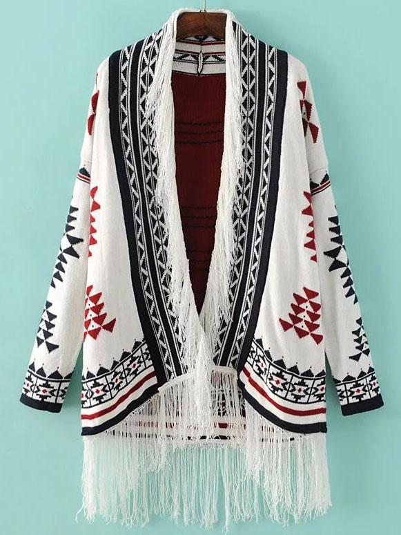 Romwe White Geometric Pattern Fringe Trim Loose Cardigan