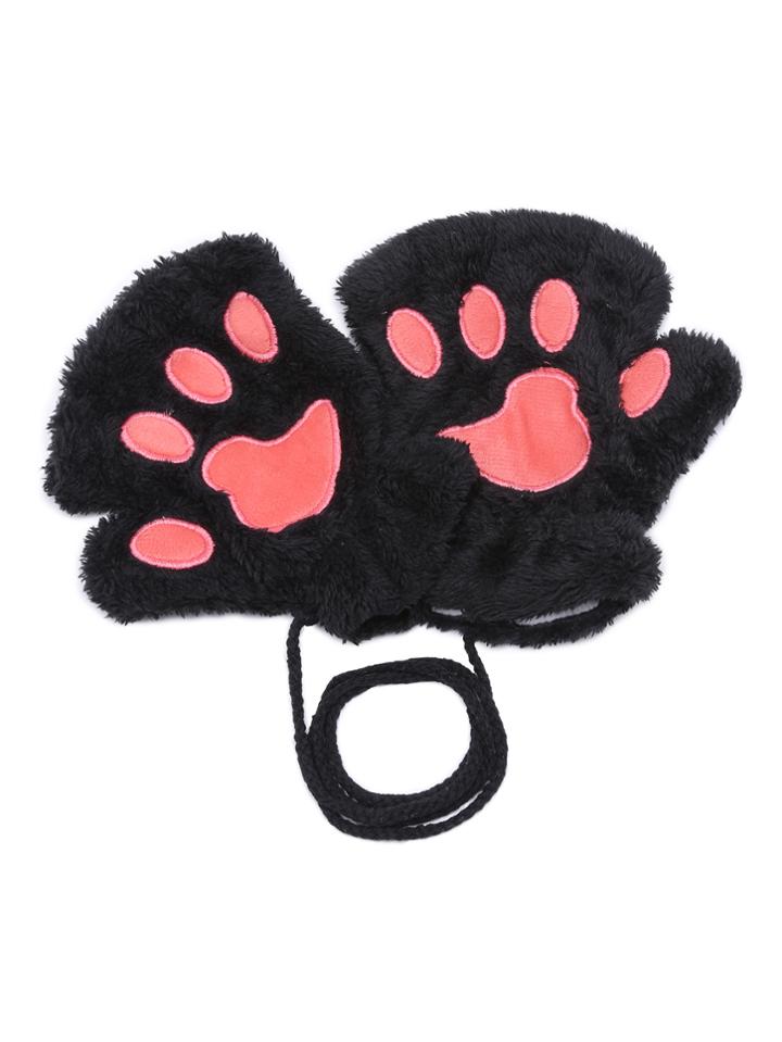 Romwe Black Faux Fur Cute Paw Design Mittens