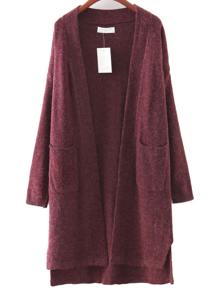 Romwe Burgundy Pocket Dipped Hem Cardigan