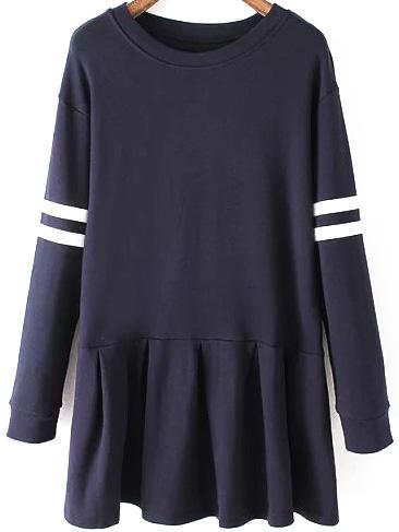 Romwe Long Sleeve Varsity-striped Peplum Hem Navy Dress