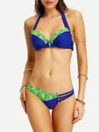 Romwe Contrast Lace Insert Strappy Bikini Set - Blue