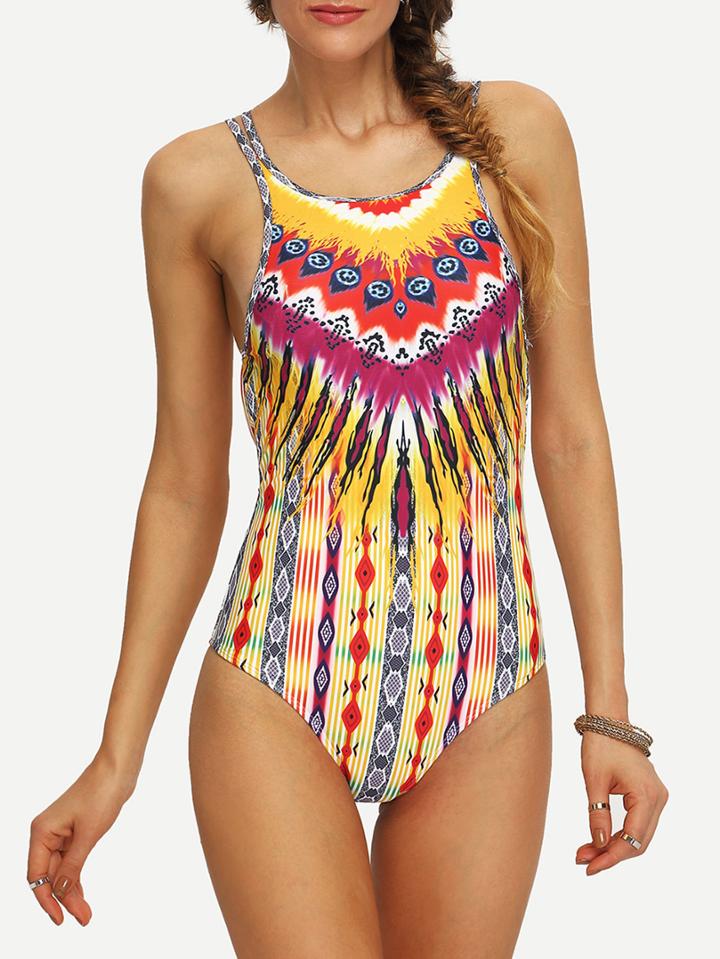 Romwe Tribal Print Crisscross One-piece Swimwear