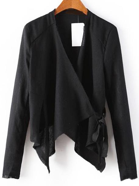 Romwe Waterfall Collar Lace Up Asymmetrical Black Coat