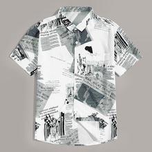 Romwe Guys Newspaper Print Curved Hem Shirt