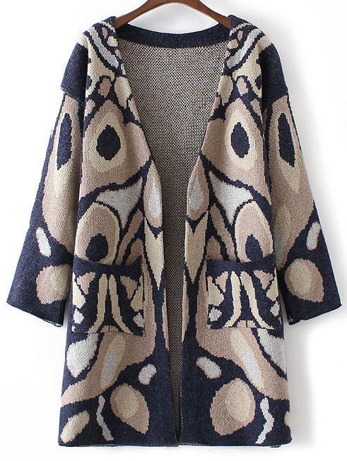 Romwe Navy Abstract Pattern Collarless Drop Shoulder Long Cardigan