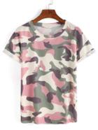 Romwe Rolled Sleeve Pink Camouflage T-shirt