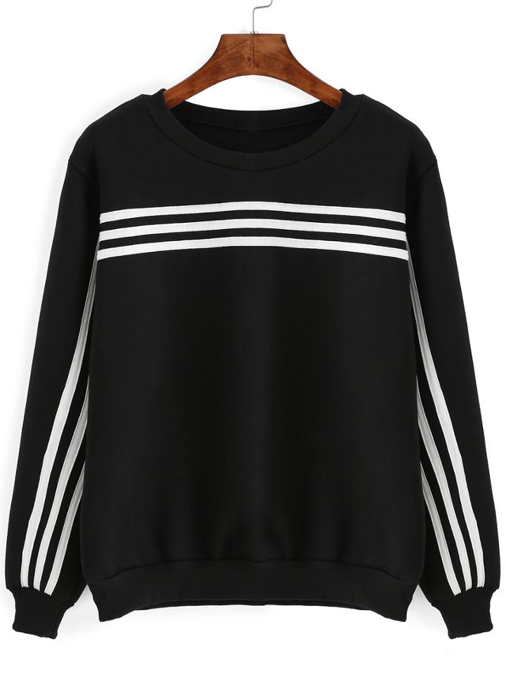 Romwe Striped Trim Black Sweatshirt