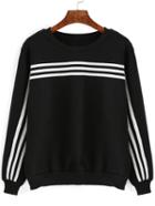 Romwe Striped Trim Black Sweatshirt