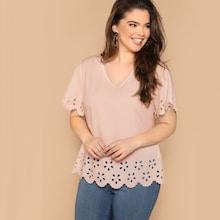 Romwe Plus Laser Cut Scallop Trim V-neck Top