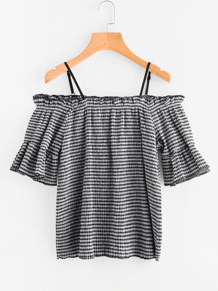 Romwe Open Shoulder Checked Top
