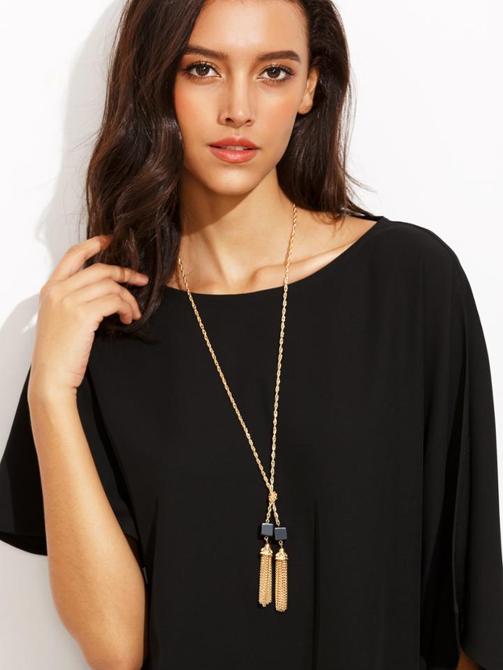 Romwe Gold Metal Tassel Natural Stone Long Chain Necklace