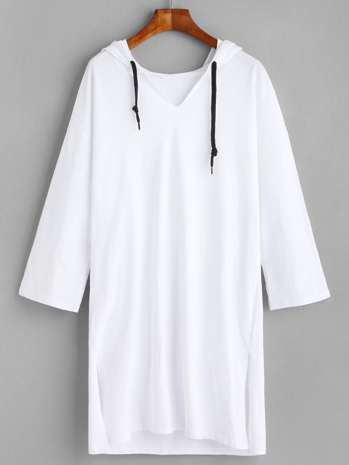 Romwe White Slit Side Hooded Long Sweatshirt