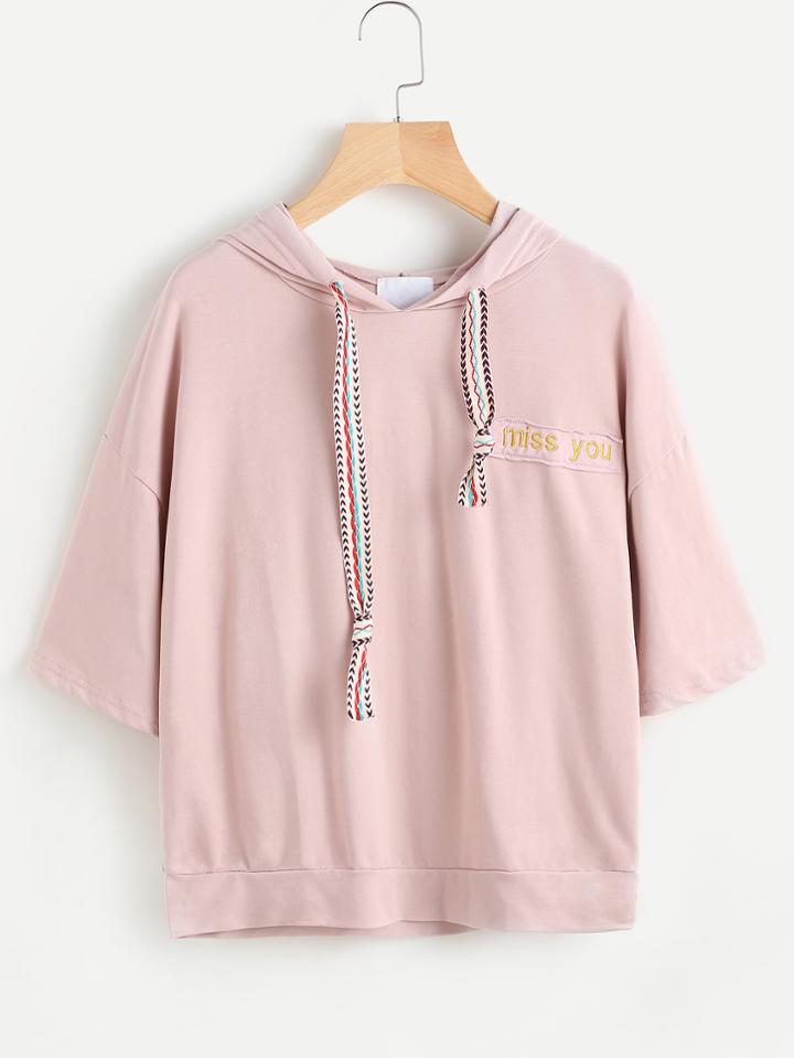 Romwe Embroidered Tape Detail Drop Shoulder Hooded Tee