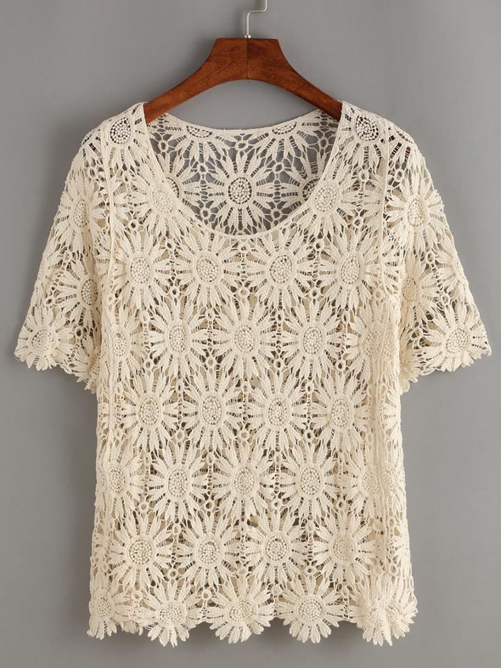Romwe Apricot Short Sleeve Crochet Hollow Out Top
