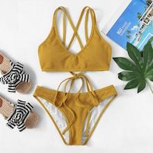 Romwe Criss Cross Top With Ribbed Bikini Set
