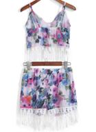 Romwe Spaghetti Strap Tassel Florals Top With Shorts