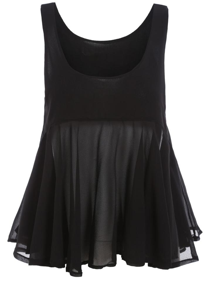 Romwe U Shape Neck Pleated Chiffon Black Tank Top
