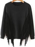 Romwe Long Sleeve Fringe Black Sweater