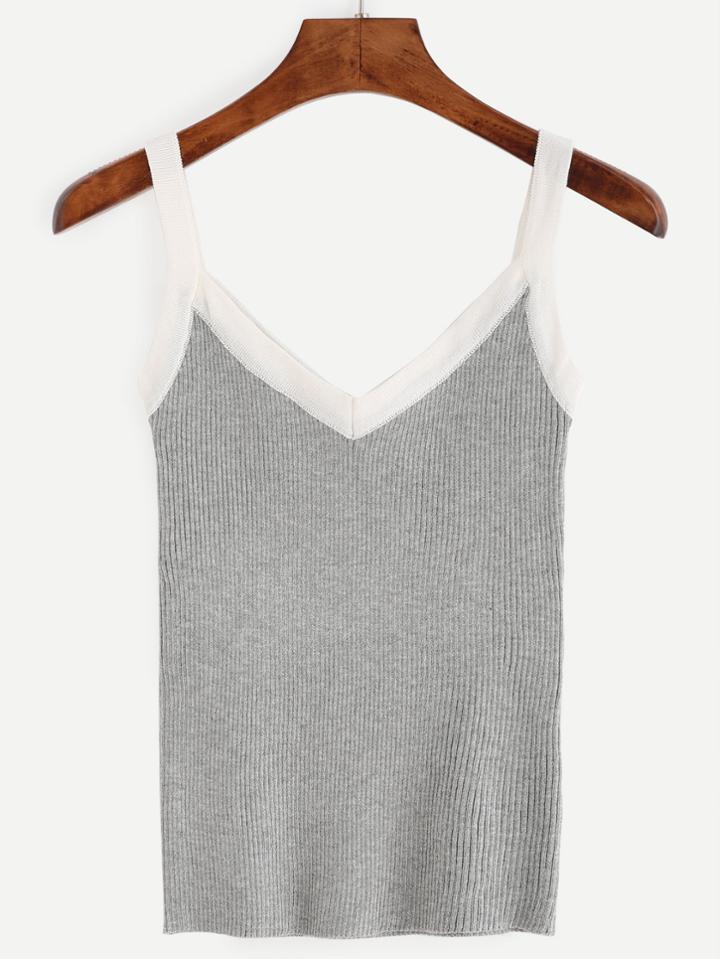 Romwe Heather Grey Ribbed Knit Contrast Trim Cami Top
