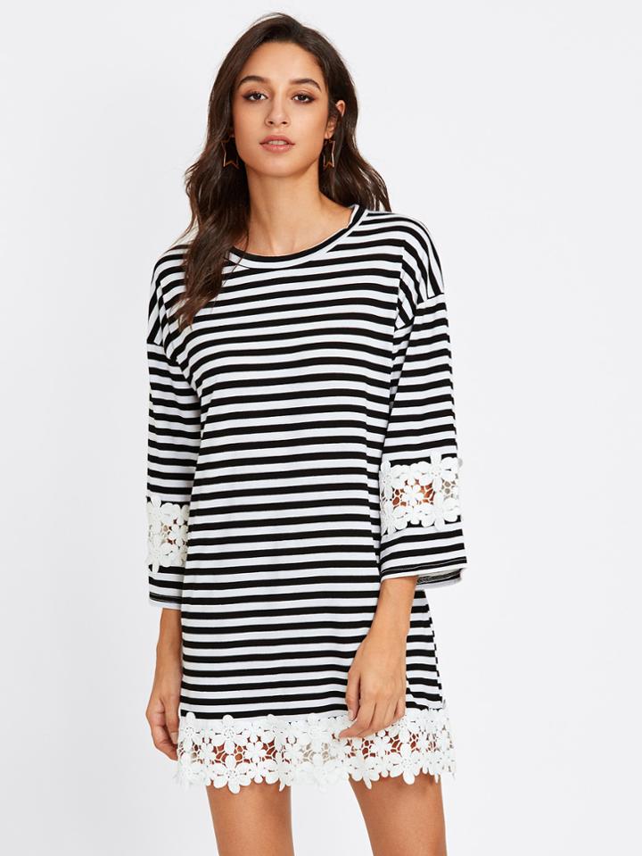 Romwe Flower Lace Trim Striped Tee Dress