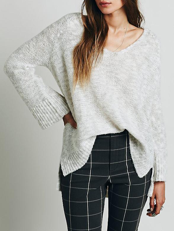 Romwe V Neck Dip Hem Slit Sweater