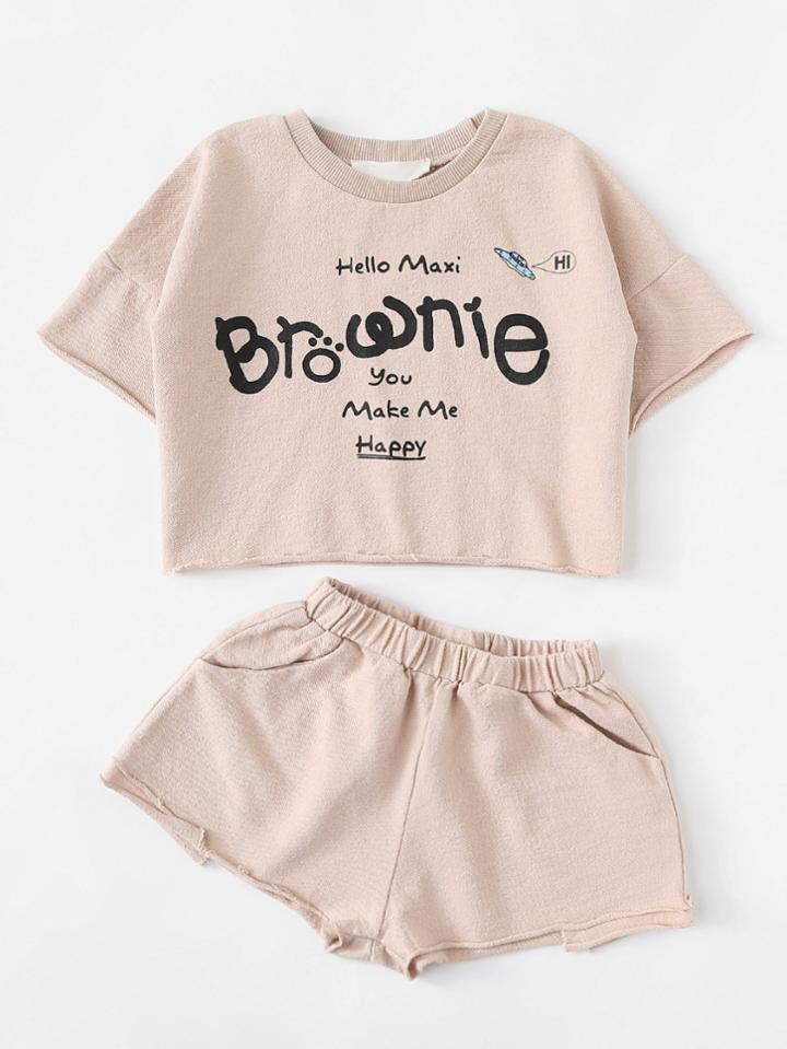 Romwe Letter Print Raw Edge Tee With Shorts