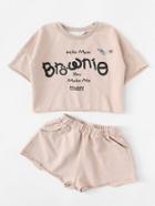 Romwe Letter Print Raw Edge Tee With Shorts