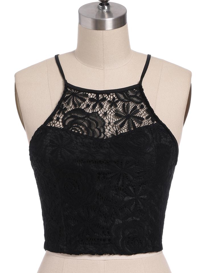 Romwe Spaghetti Strap Lace Hollow Out Cami Top With Zipper
