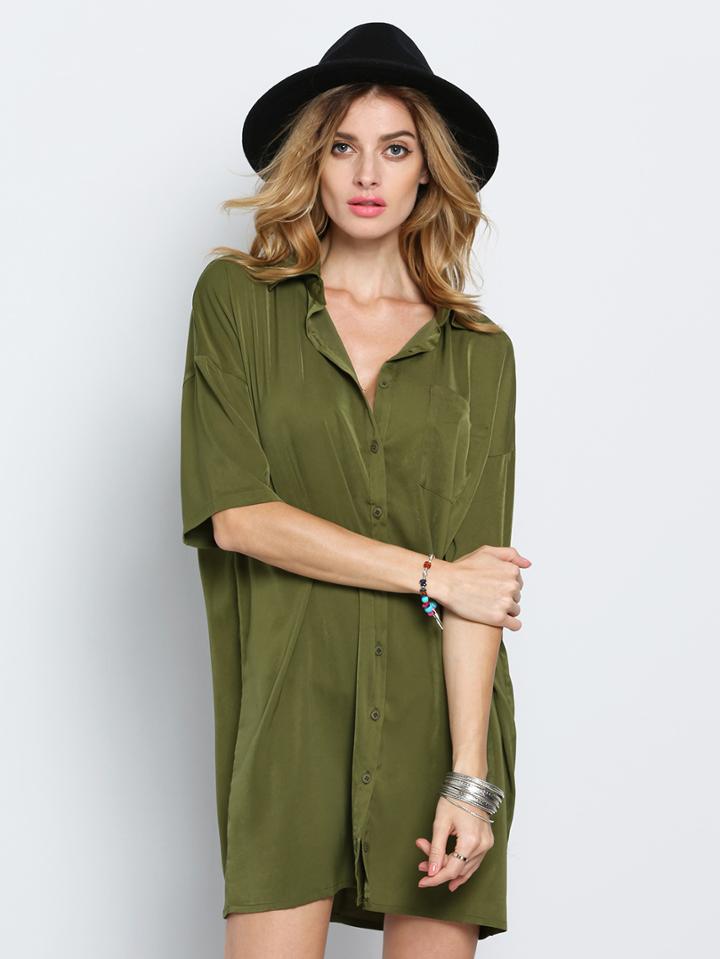 Romwe Army Green V Neck Half Sleeve Dress